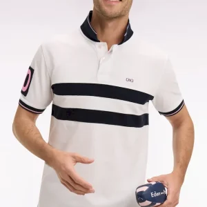 Polo à manches courtes en piqué coton blanc à rayures coupé cousu