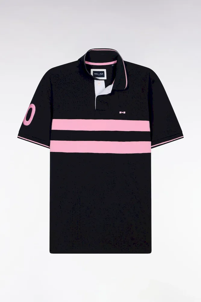 Polo à Manches Courtes En Piqué Coton Marine à Rayures Coupé Cousu