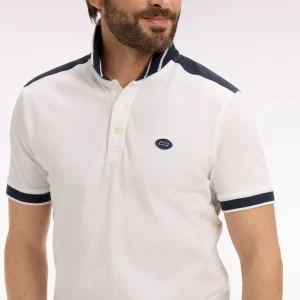 Polo à manches courtes en piqué coton blanc à découpes marine
