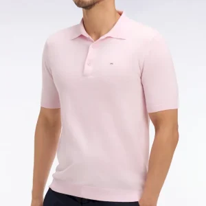 Pull manches courtes col polo en coton et soie mélangés rose