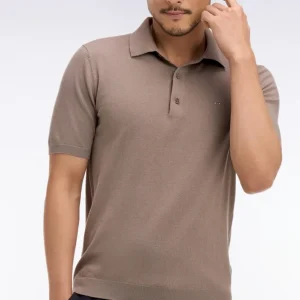 Pull manches courtes col polo en coton et soie mélangés beige