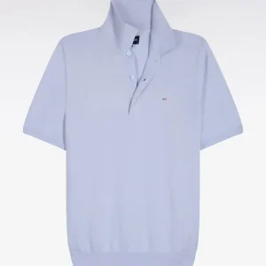 Alternative view of Pull manches courtes col polo en coton et soie mélangés bleu ciel