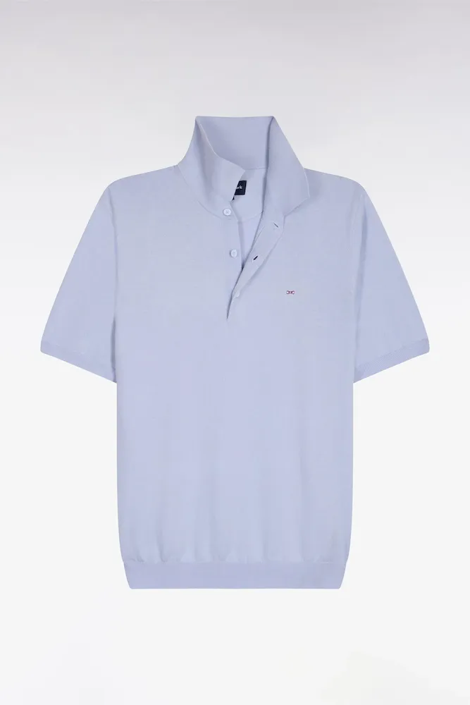 Pull Manches Courtes Col Polo En Coton Et Soie Mélangés Bleu Ciel