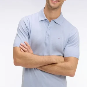 Pull manches courtes col polo en coton et soie mélangés bleu ciel