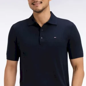 Pull manches courtes col polo en coton et soie mélangés marine