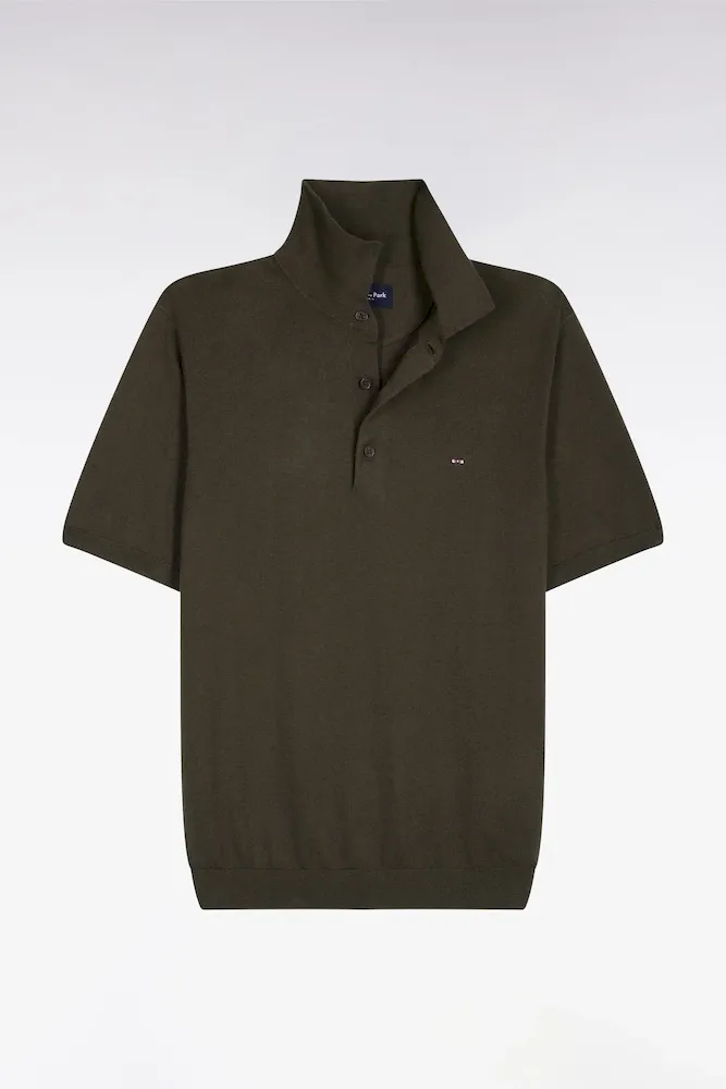 Pull Manches Courtes Col Polo En Coton Et Soie Mélangés Kaki