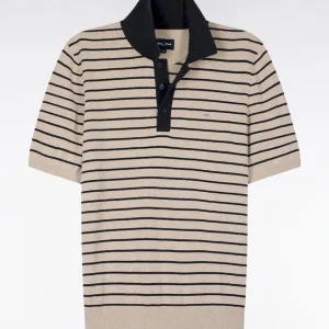 Alternative view of Pull manches courtes à col polo en coton beige rayé