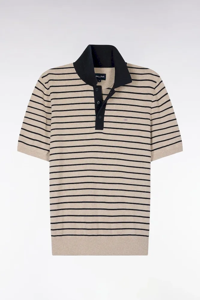Pull Manches Courtes à Col Polo En Coton Beige Rayé