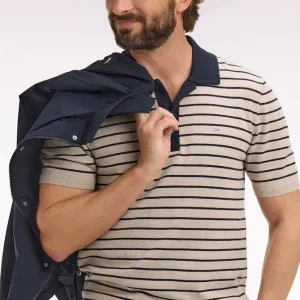 Pull manches courtes à col polo en coton beige rayé