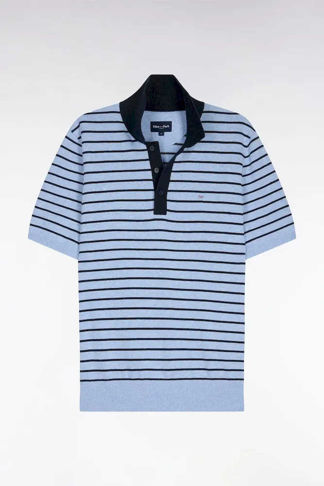 Pull Manches Courtes à Col Polo En Coton Ciel Rayé