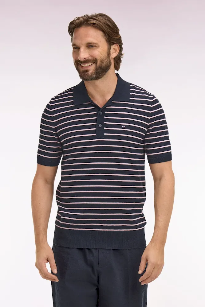 Pull manches courtes à col polo en coton marine rayé – Bild 3