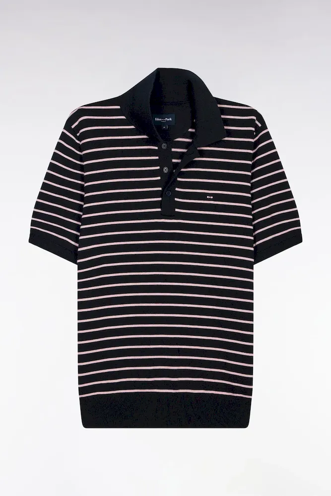 Pull Manches Courtes à Col Polo En Coton Marine Rayé