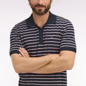 Pull manches courtes à col polo en coton marine rayé