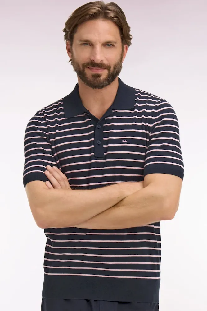 Pull manches courtes à col polo en coton marine rayé