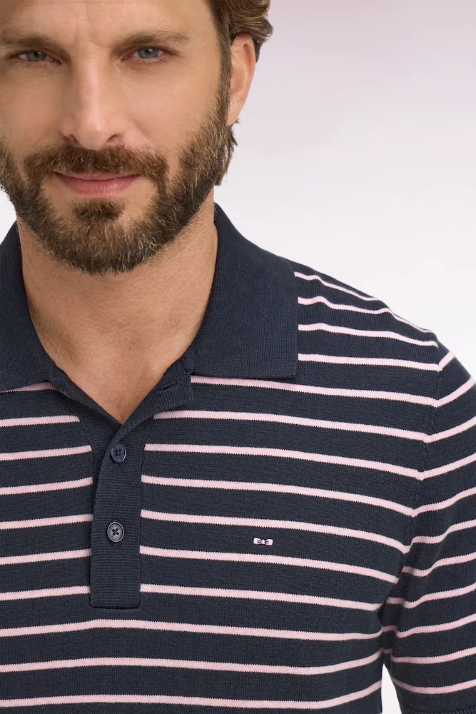 Pull manches courtes à col polo en coton marine rayé – Bild 4
