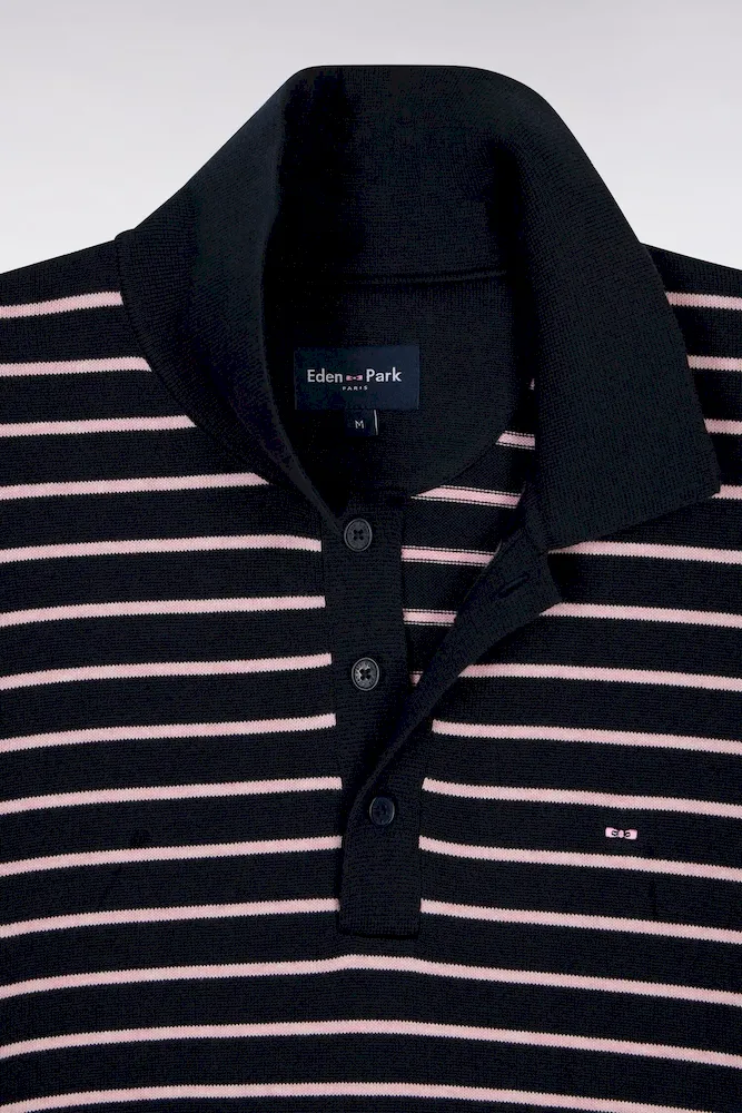 Pull manches courtes à col polo en coton marine rayé – Bild 6