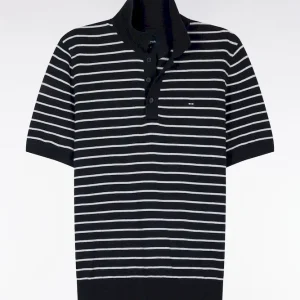 Alternative view of Pull manches courtes à col polo en coton gris rayé