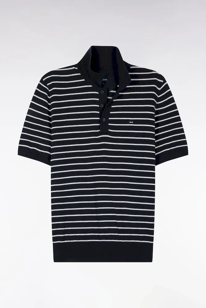 Pull Manches Courtes à Col Polo En Coton Gris Rayé