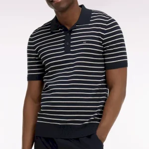 Pull manches courtes à col polo en coton gris rayé