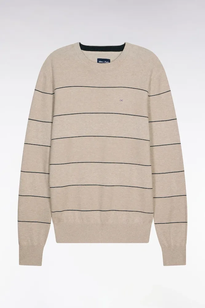 Pull Col Rond En Coton Beige Rayé