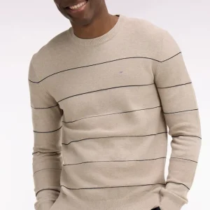 Pull col rond en coton beige rayé