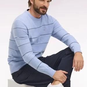 Pull col rond en coton ciel rayé