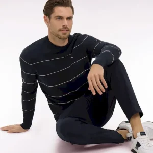 Pull col rond en coton marine rayé