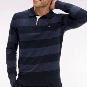 Pull col maillot rayé en coton et lyocell mélangés marine