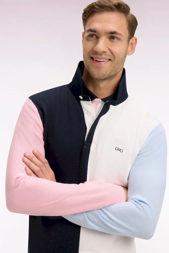 Pull col maillot en coton marine et blanc à manches contrastées