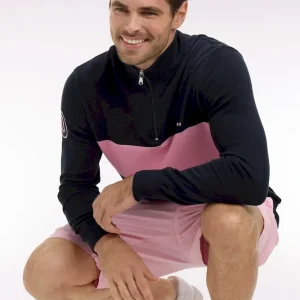 Pull col maillot en coton marine à rayure rugby rose