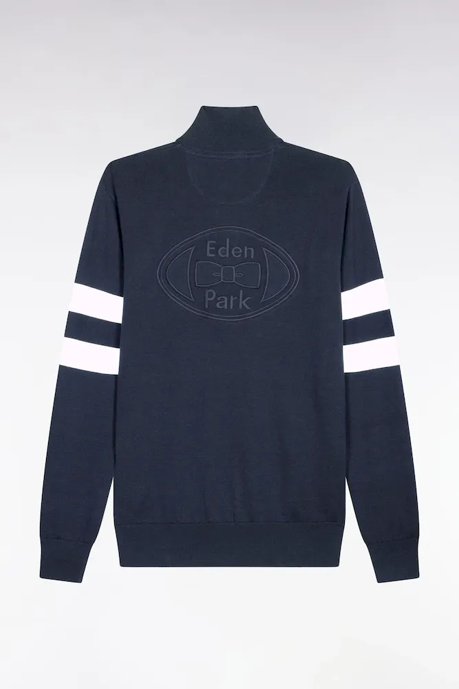 Pull Col Maillot En Coton Marine à Double Rayures Manches