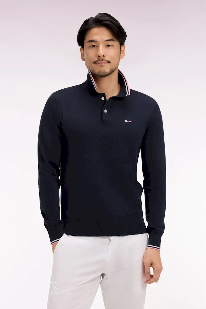 Pull col polo en coton marine à rayures fines – Bild 3