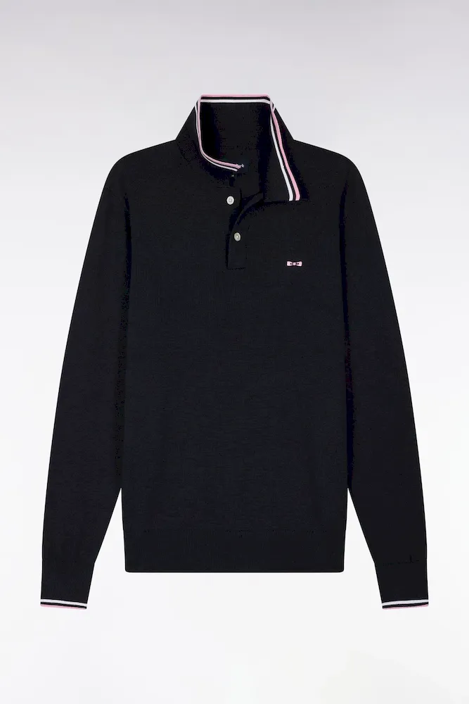 Pull col polo en coton marine à rayures fines – Bild 2