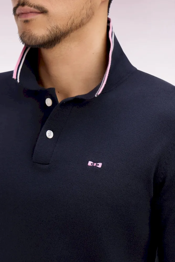 Pull col polo en coton marine à rayures fines – Bild 4
