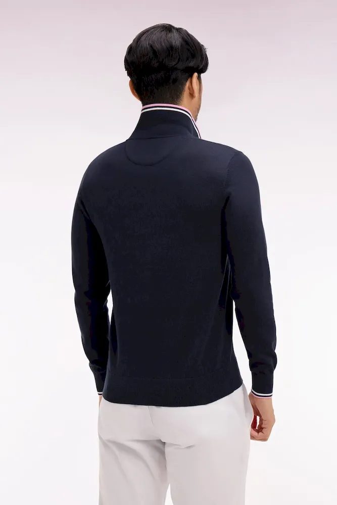 Pull col polo en coton marine à rayures fines – Bild 5