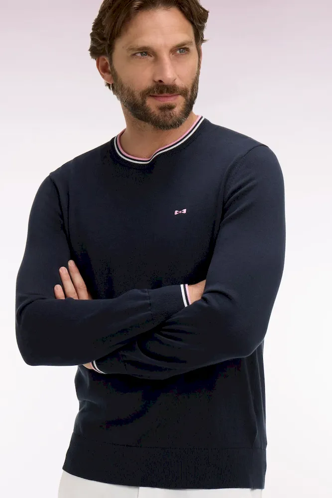 Pull col rond en coton marine à rayures fines – Bild 3