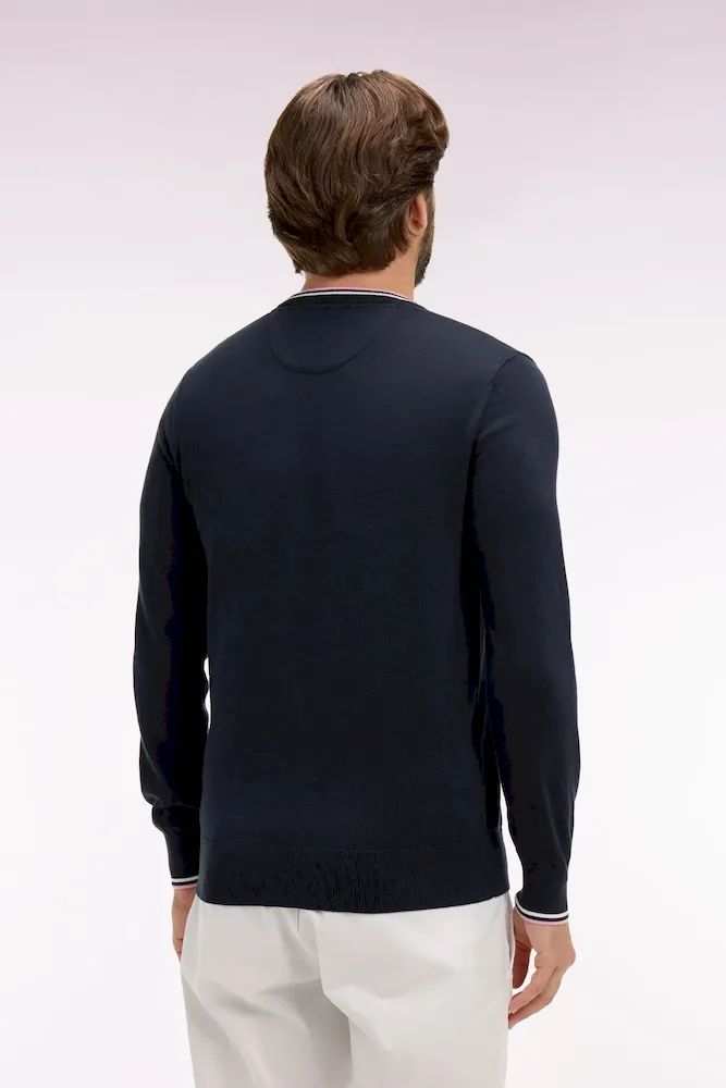 Pull col rond en coton marine à rayures fines – Bild 5