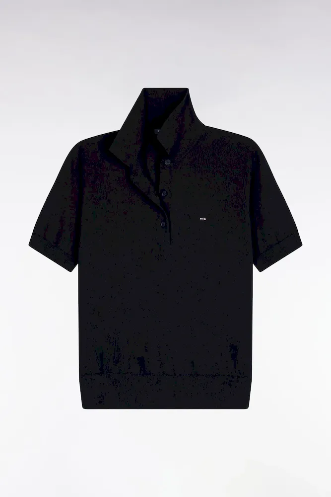 Pull Polo à Manches Courtes En Coton Et Soie Mélangés Marine Coupe Regular