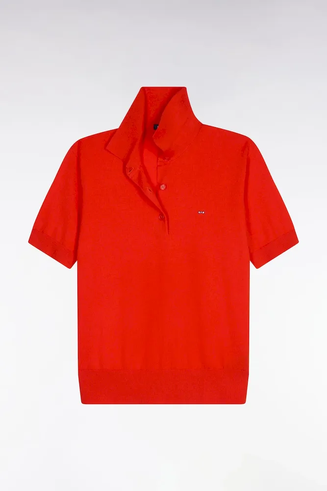 Pull Polo à Manches Courtes En Coton Et Soie Mélangés Rouge Coupe Regular