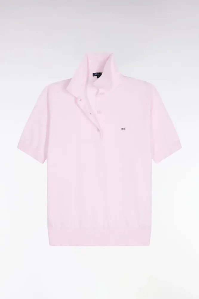 Pull Polo à Manches Courtes En Coton Et Soie Mélangés Rose Coupe Regular