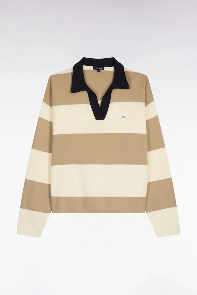 Pull col polo en coton rayé beige et écru coupe oversized – Bild 2