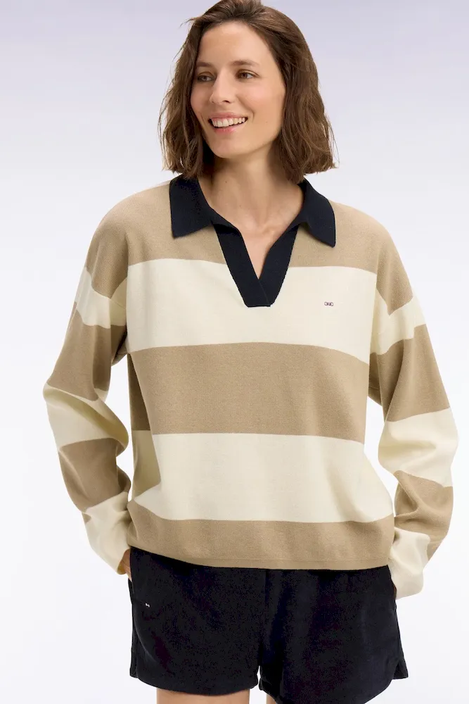 Pull col polo en coton rayé beige et écru coupe oversized
