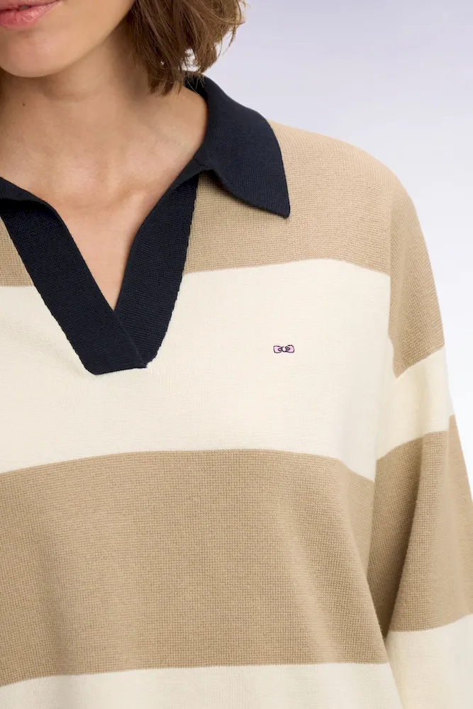 Pull col polo en coton rayé beige et écru coupe oversized – Bild 4