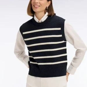 Pull marinière sans manche en coton tressé marine