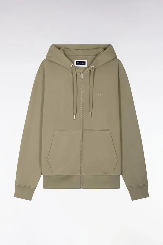 Sweatshirt Zippé à Capuche En Molleton Coton Kaki