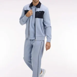 Sweatshirt zippé col polo en molleton bleu ciel