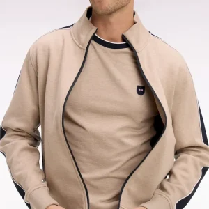 Sweatshirt zippé en interlock beige à découpes contrastées