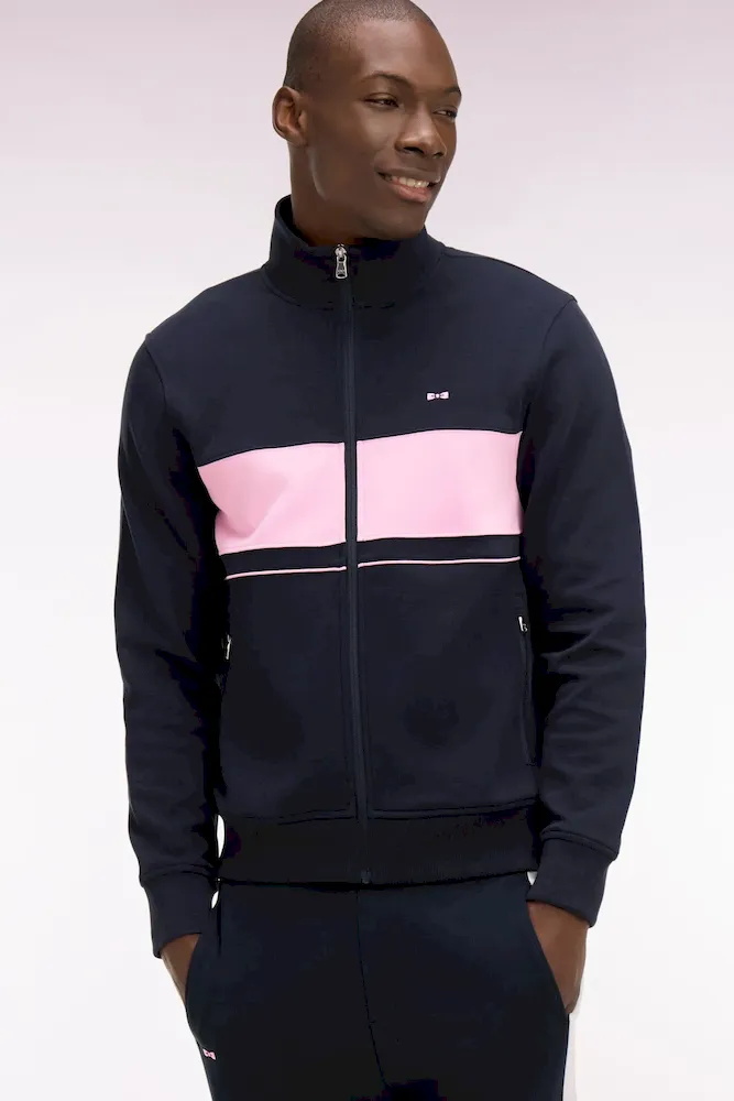 Sweatshirt zippé en molleton marine bande rose
