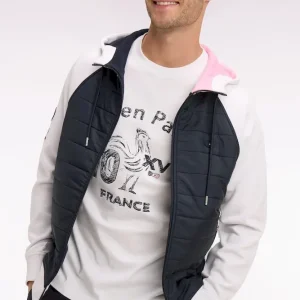 Sweatshirt zippé XV de France à capuche en molleton blanc à parmenture matelassée marine coupe regular
