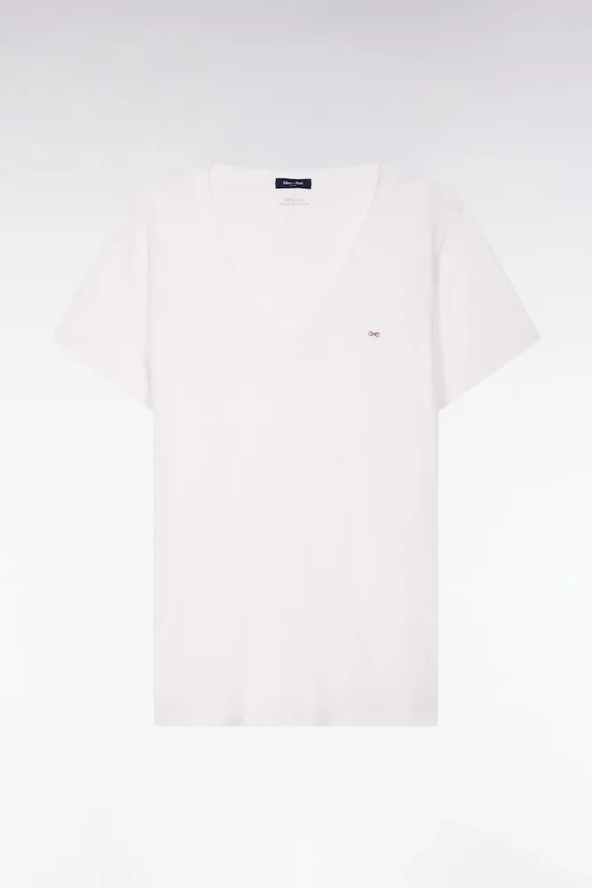 T-shirt à Manches Courtes Col V En Coton Pima Blanc Coupe Regular